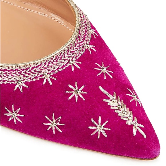Aquazzura Bliss Lace-up Embellished Suede Point-Toe Flats in Magenta